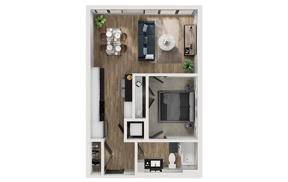 A1 - 1 bedroom floorplan layout with 1 bath and 612 square feet. (3D)