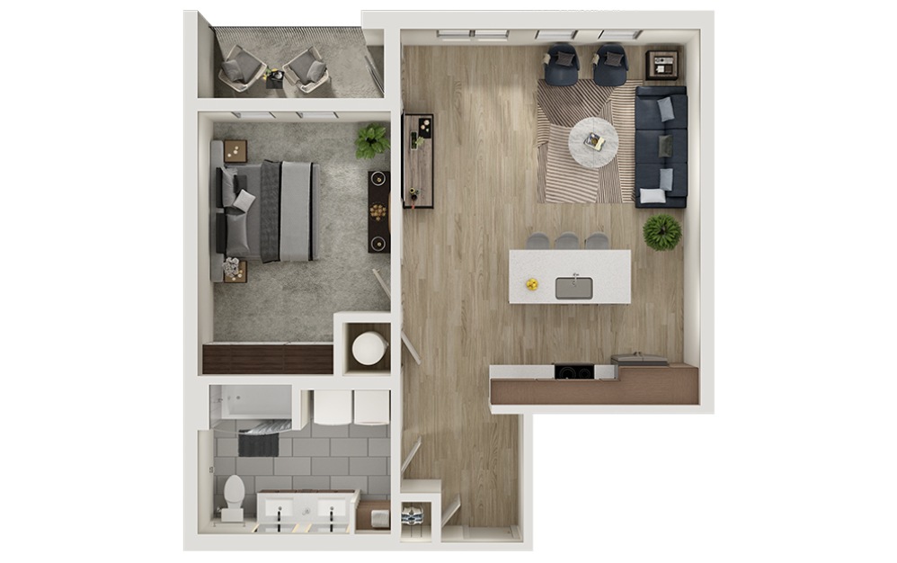 A11a - 1 bedroom floorplan layout with 1 bathroom and 811 square feet (3D)