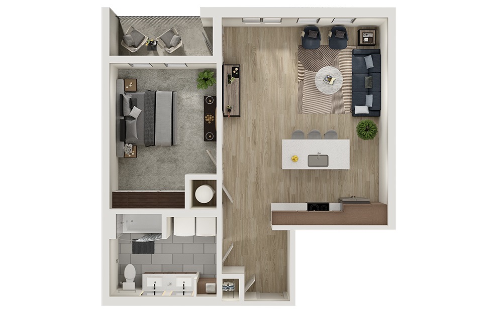 A11a - 1 bedroom floorplan layout with 1 bath and 811 square feet. (3D)