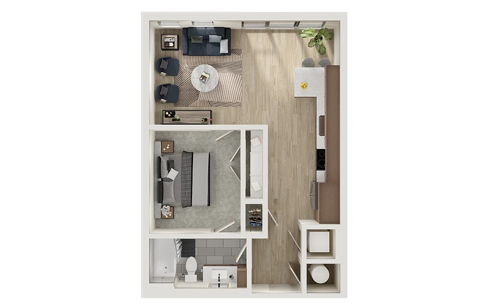 A2 - 1 bedroom floorplan layout with 1 bath and 658 square feet. (3D)
