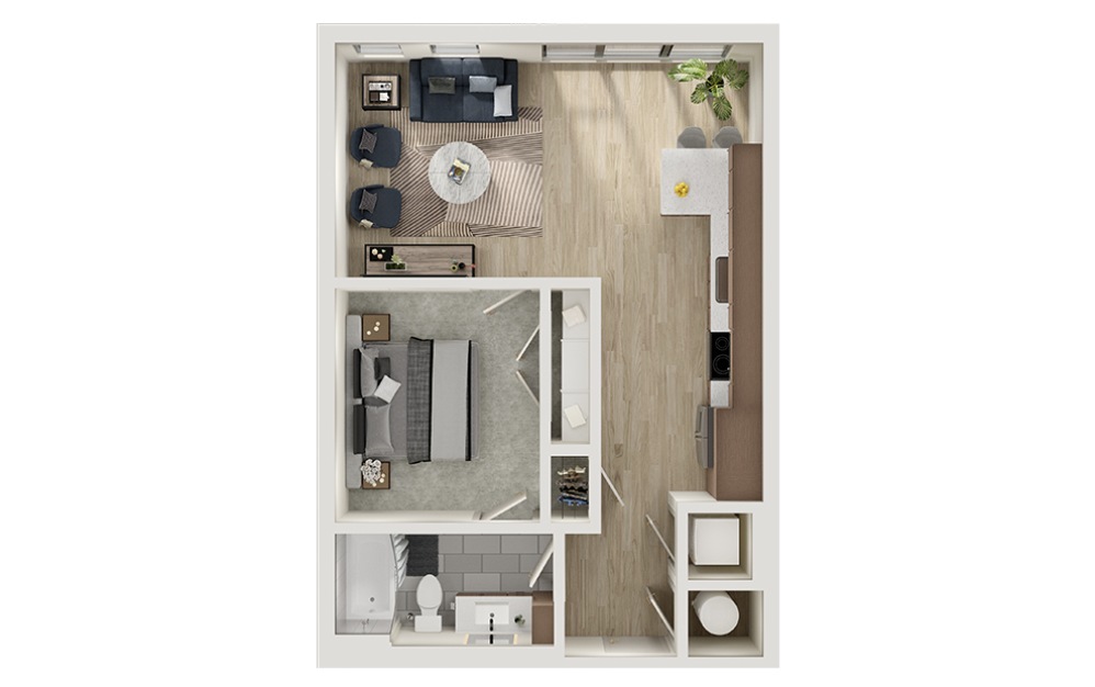 A2 - 1 bedroom floorplan layout with 1 bathroom and 658 square feet (3D)