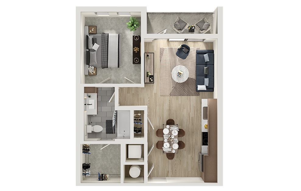 A4 - 1 bedroom floorplan layout with 1 bath and 686 square feet. (3D)
