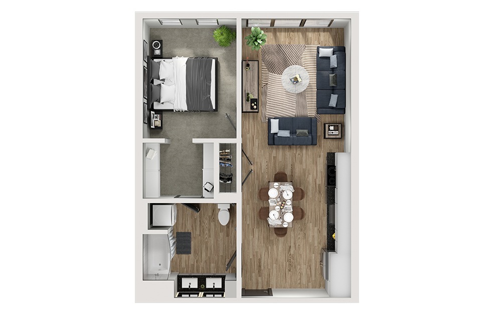 A4a - 1 bedroom floorplan layout with 1 bath and 704 square feet. (3D)