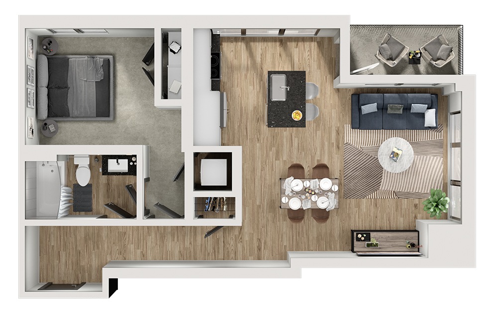 A5 - 1 bedroom floorplan layout with 1 bath and 748 square feet. (3D)