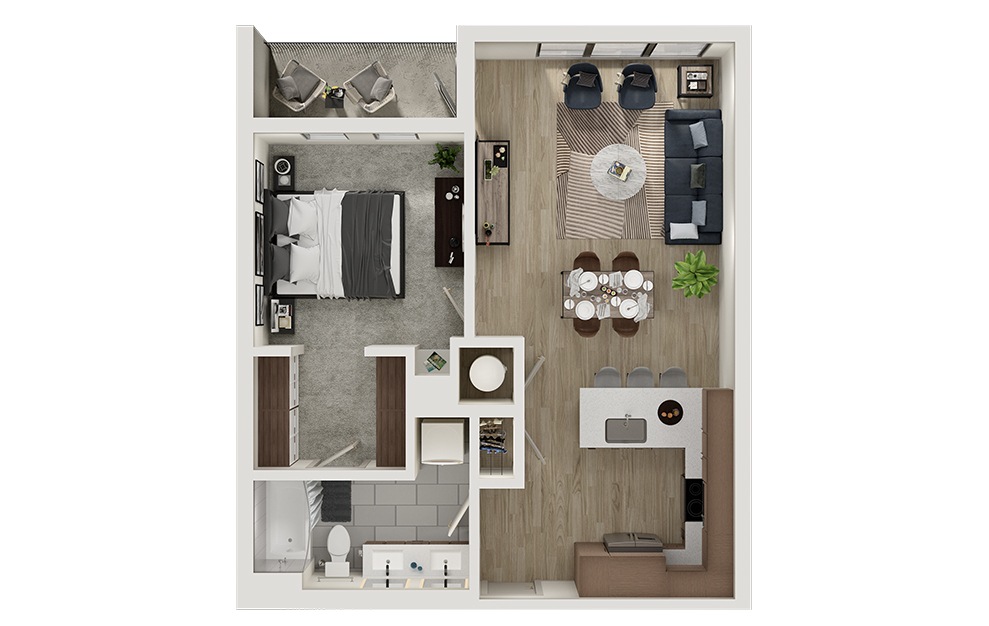 A6 - 1 bedroom floorplan layout with 1 bath and 756 square feet. (3D)