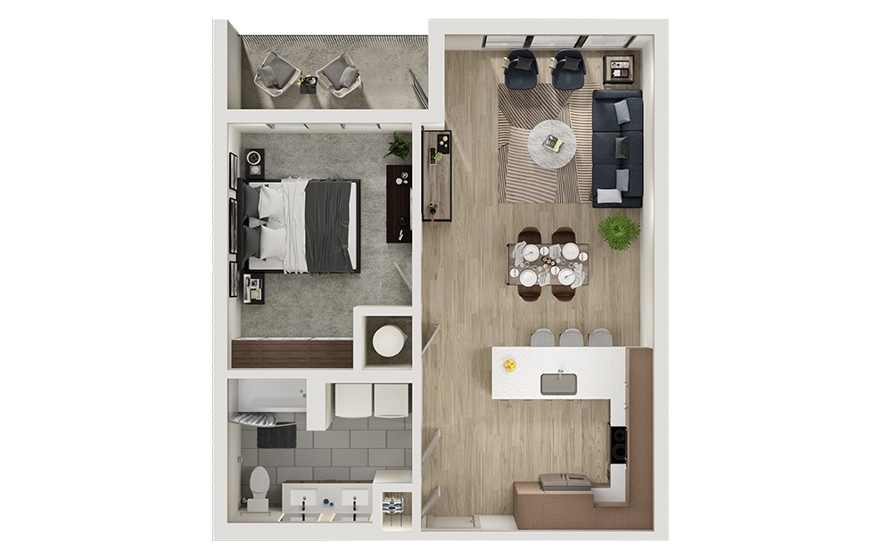 A6a - 1 bedroom floorplan layout with 1 bath and 768 square feet. (3D)