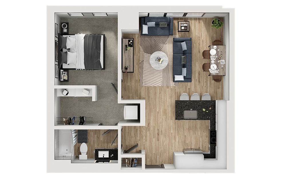 A7 - 1 bedroom floorplan layout with 1 bath and 764 square feet. (3D)