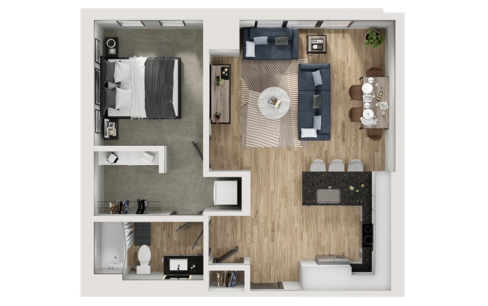 A7 - 1 bedroom floorplan layout with 1 bathroom and 764 square feet (3D)