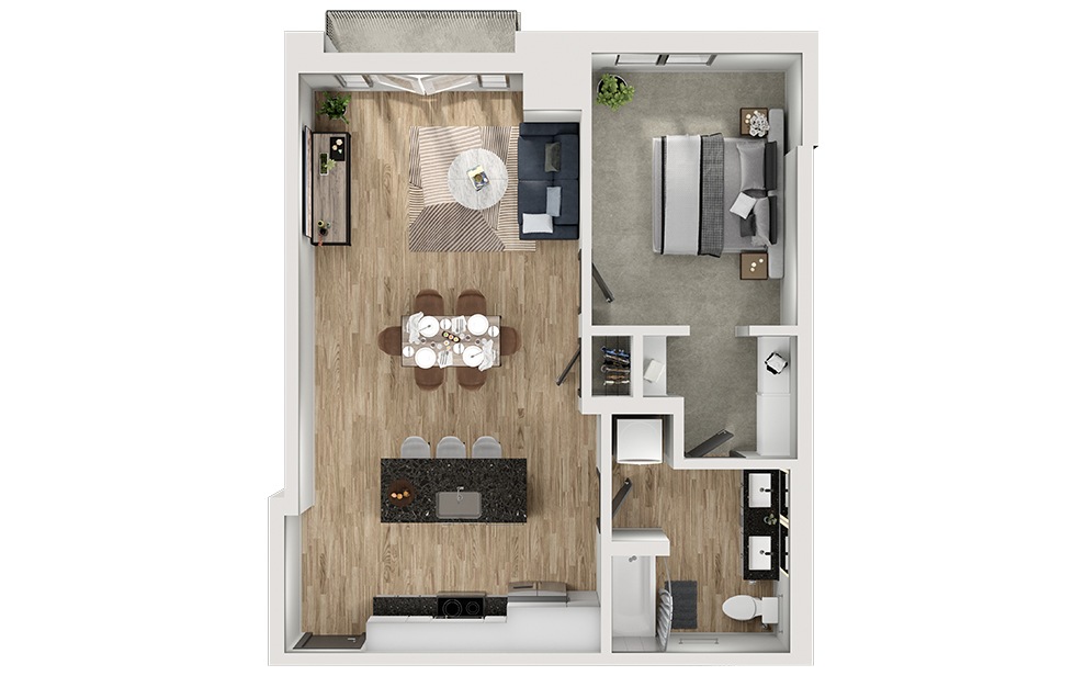 A8 - 1 bedroom floorplan layout with 1 bath and 770 square feet. (3D)