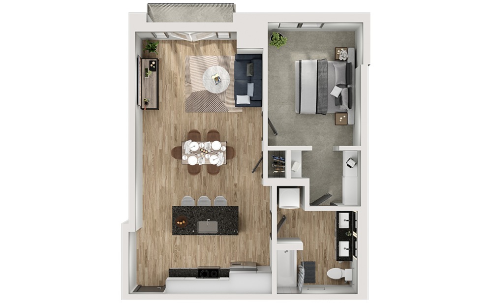 A8 - 1 bedroom floorplan layout with 1 bathroom and 770 square feet (3D)