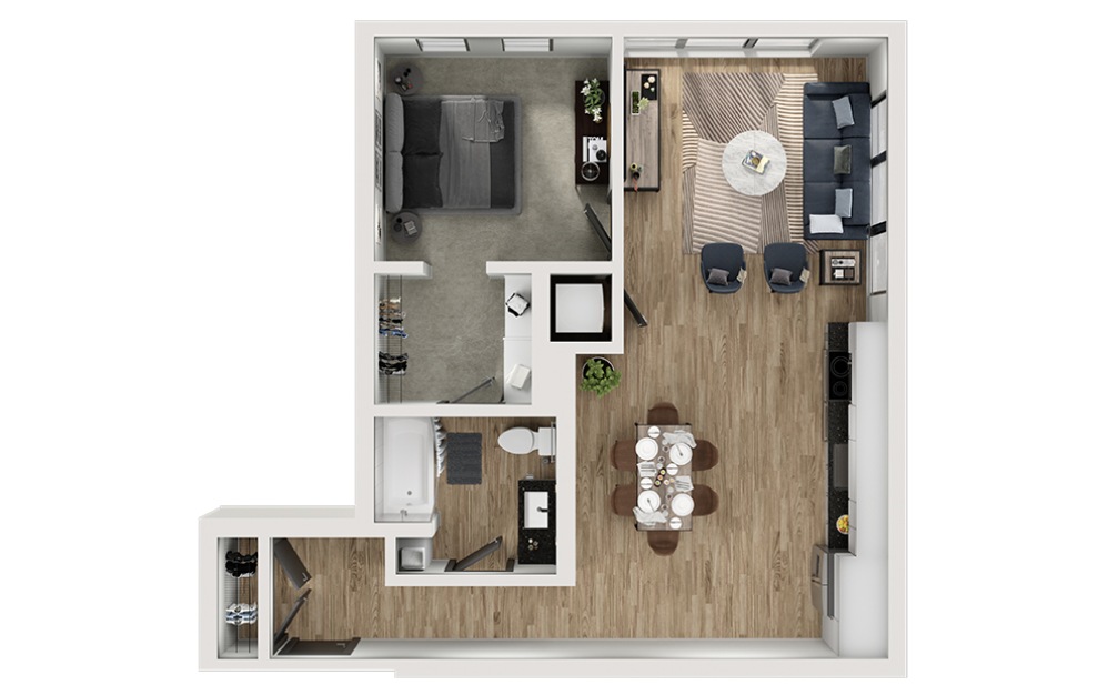 A9 - 1 bedroom floorplan layout with 1 bathroom and 774 square feet (3D)