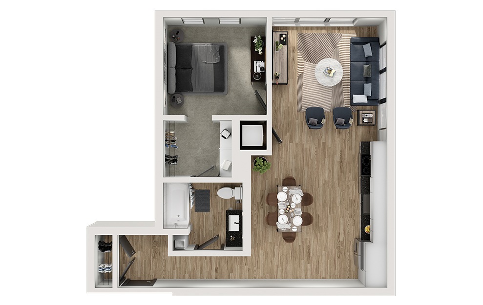 A9 - 1 bedroom floorplan layout with 1 bath and 774 square feet. (3D)