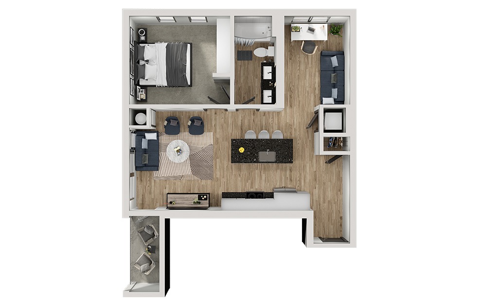 AD10 - 1 bedroom floorplan layout with 1 bath and 806 square feet. (3D)