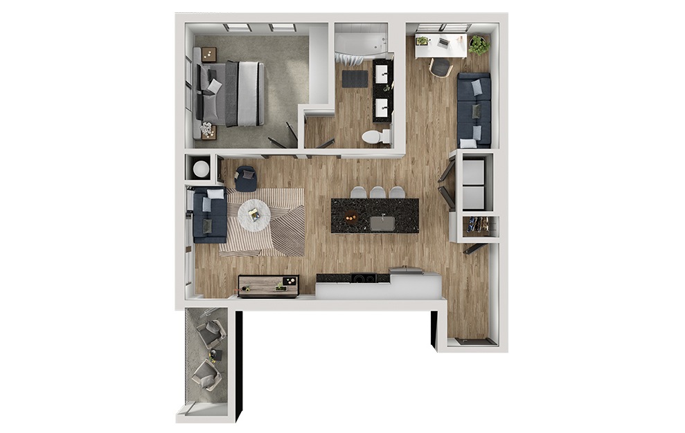 AD10a - 1 bedroom floorplan layout with 1 bath and 806 square feet. (3D)