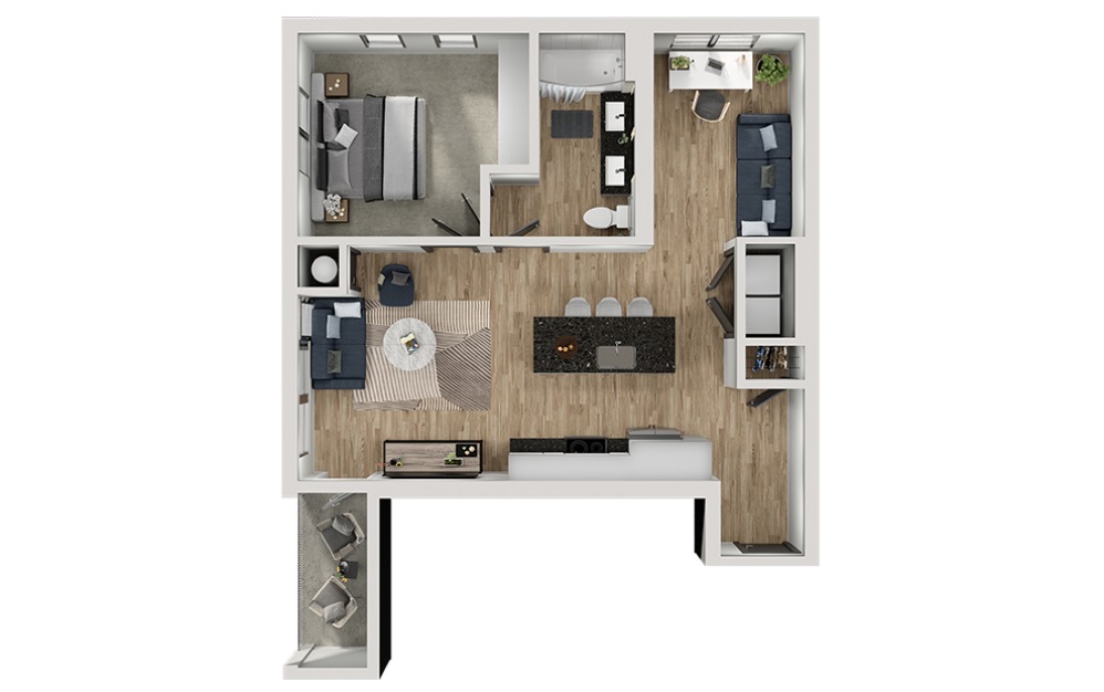 AD10a - 1 bedroom floorplan layout with 1 bathroom and 806 square feet (3D)