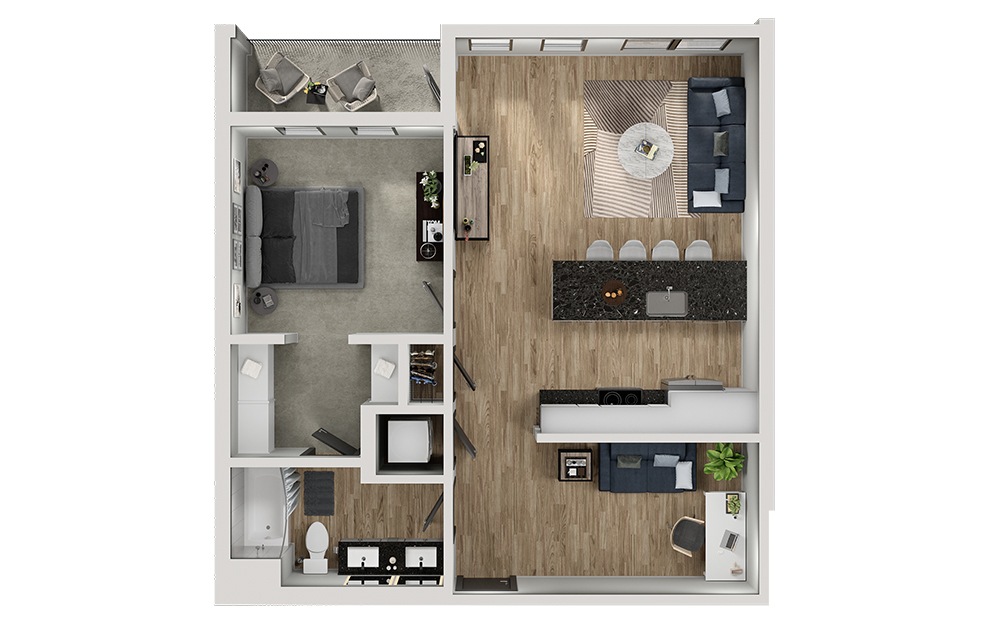 AD12 - 1 bedroom floorplan layout with 1 bath and 833 square feet. (3D)