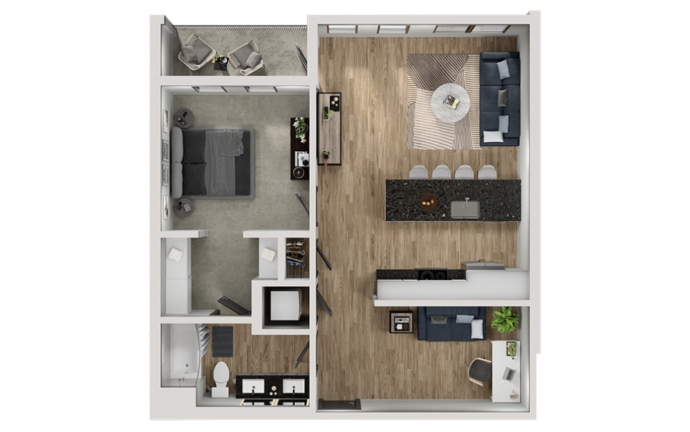 AD12 - 1 bedroom floorplan layout with 1 bathroom and 833 square feet (3D)