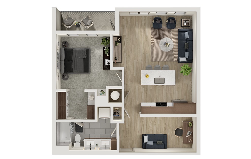 AD13 - 1 bedroom floorplan layout with 1 bath and 870 square feet. (3D)