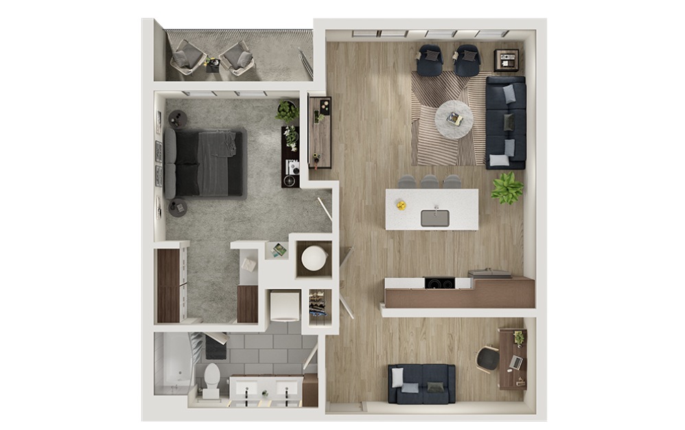 AD13 - 1 bedroom floorplan layout with 1 bathroom and 870 square feet (3D)