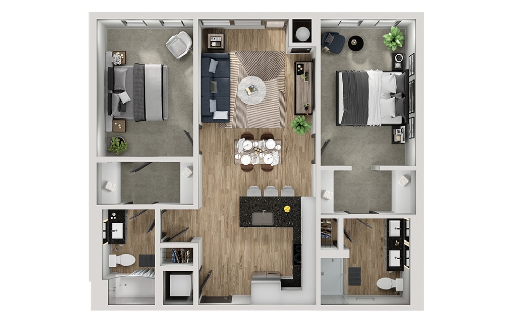 B1 - 2 bedroom floorplan layout with 2 bathrooms and 1040 square feet (3D)