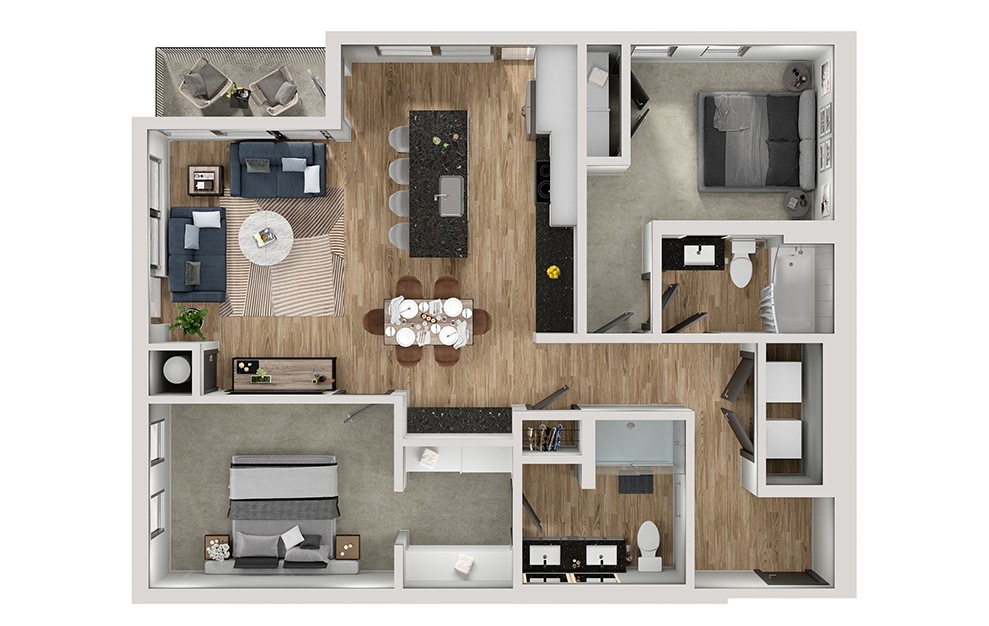 B10 - 2 bedroom floorplan layout with 2 baths and 1138 square feet. (3D)