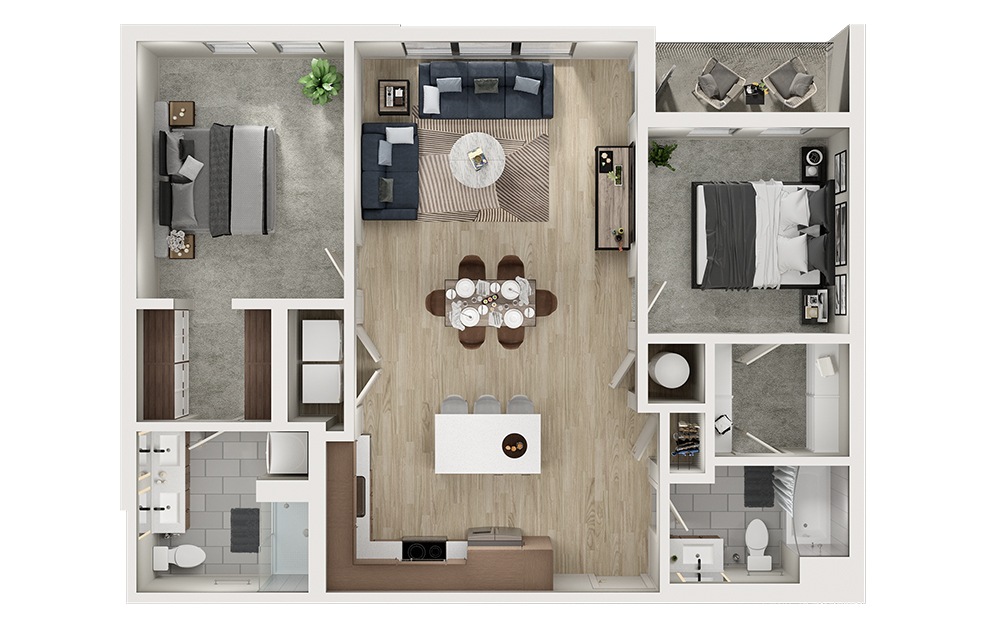 B11 - 2 bedroom floorplan layout with 2 baths and 1140 square feet. (3D)