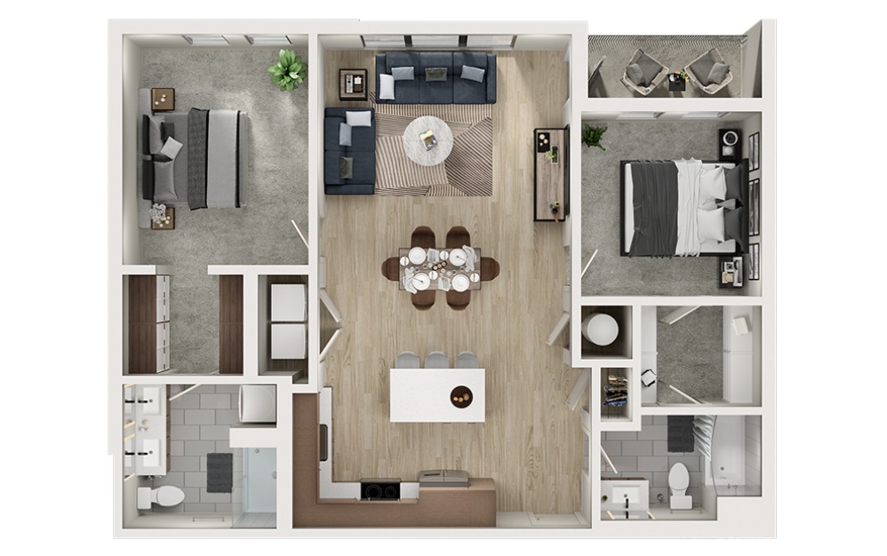 B11 - 2 bedroom floorplan layout with 2 bathrooms and 1140 square feet (3D)