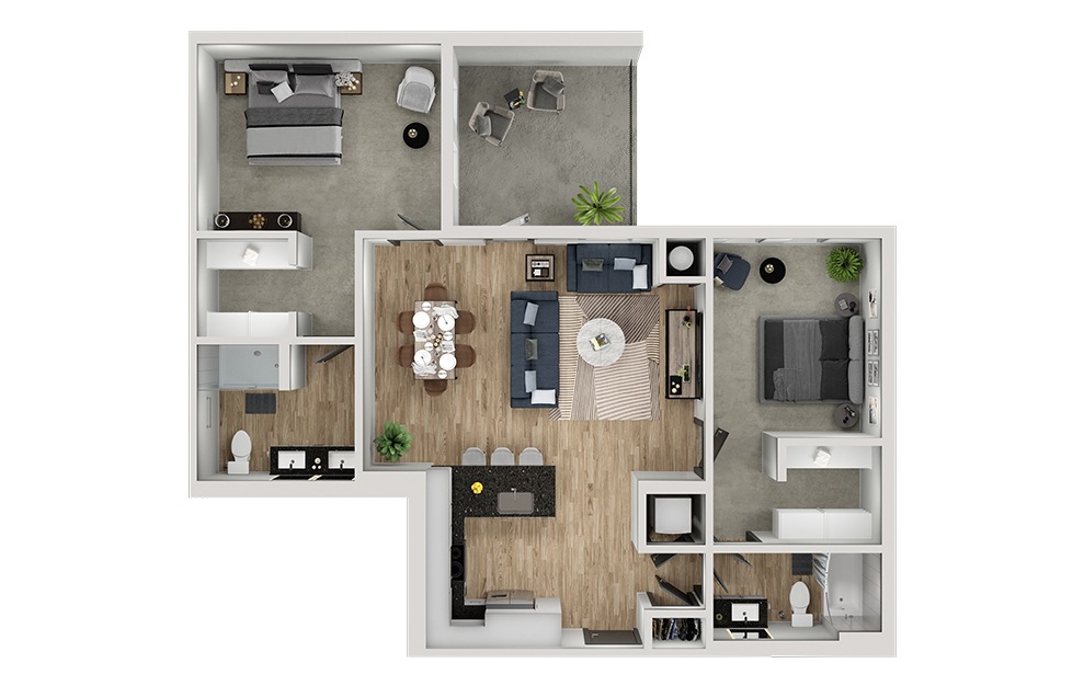 B12 - 2 bedroom floorplan layout with 2 baths and 1180 square feet. (3D)