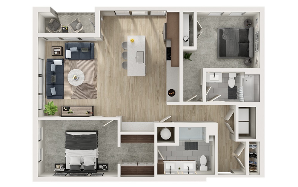 B13 - 2 bedroom floorplan layout with 2 bathrooms and 1183 square feet (3D)