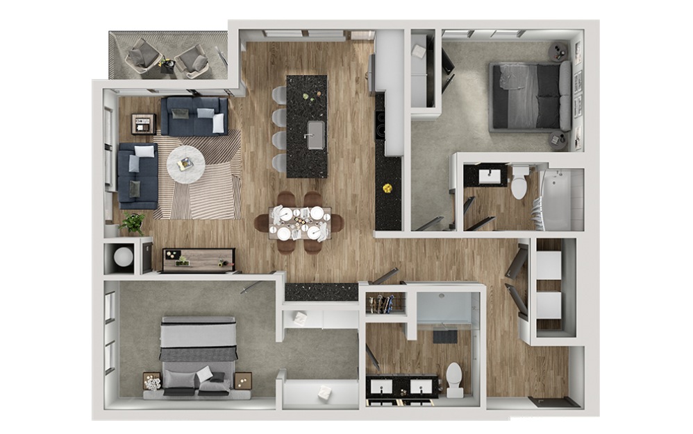 B14 - 2 bedroom floorplan layout with 2 bathrooms and 1190 square feet (3D)