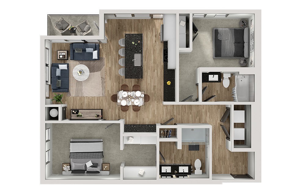 B14 - 2 bedroom floorplan layout with 2 baths and 1190 square feet. (3D)