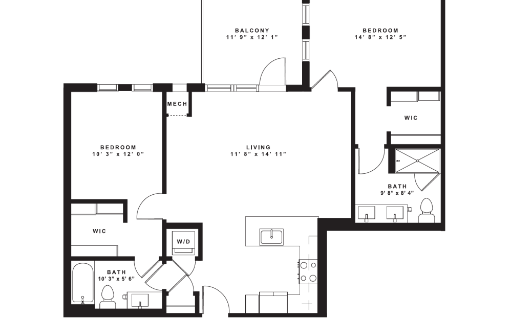 B14 - 2 bedroom floorplan layout with 2 bathrooms and 1190 square feet