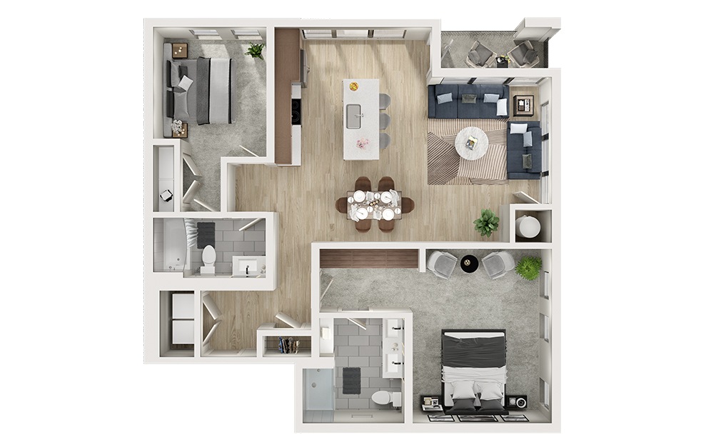 B15 - 2 bedroom floorplan layout with 2 baths and 1204 square feet. (3D)