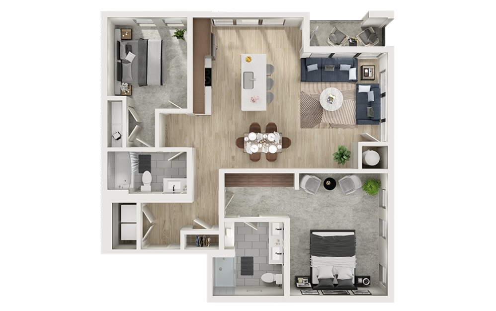 B15 - 2 bedroom floorplan layout with 2 bathrooms and 1204 square feet (3D)