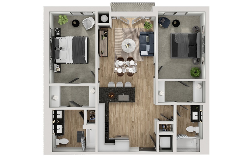 B1a - 2 bedroom floorplan layout with 2 bathrooms and 1030 square feet (3D)