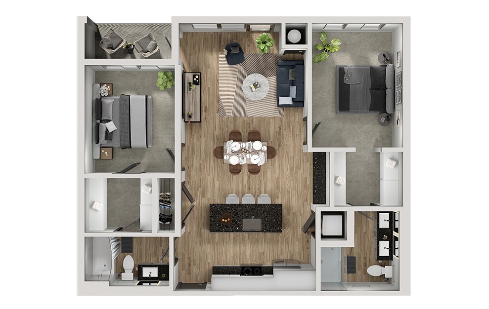 B2 - 2 bedroom floorplan layout with 2 baths and 1055 square feet. (3D)