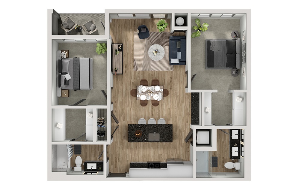 B2 - 2 bedroom floorplan layout with 2 bathrooms and 1055 square feet (3D)