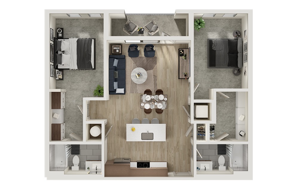 B3 - 2 bedroom floorplan layout with 2 bathrooms and 1058 square feet (3D)