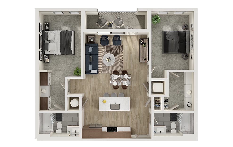 B3 - 2 bedroom floorplan layout with 2 baths and 1058 square feet. (3D)
