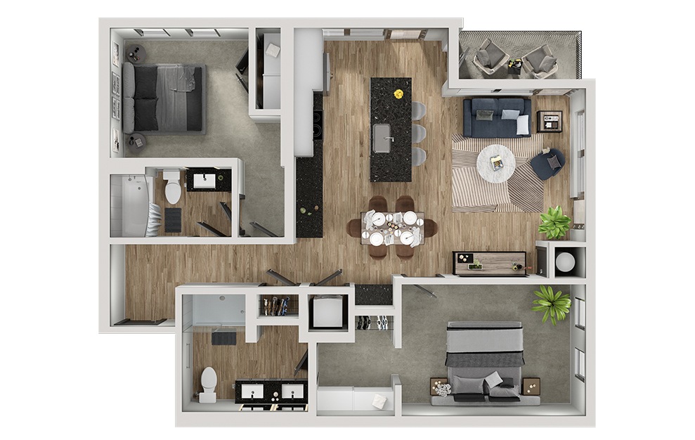 B4 - 2 bedroom floorplan layout with 2 baths and 1070 square feet. (3D)