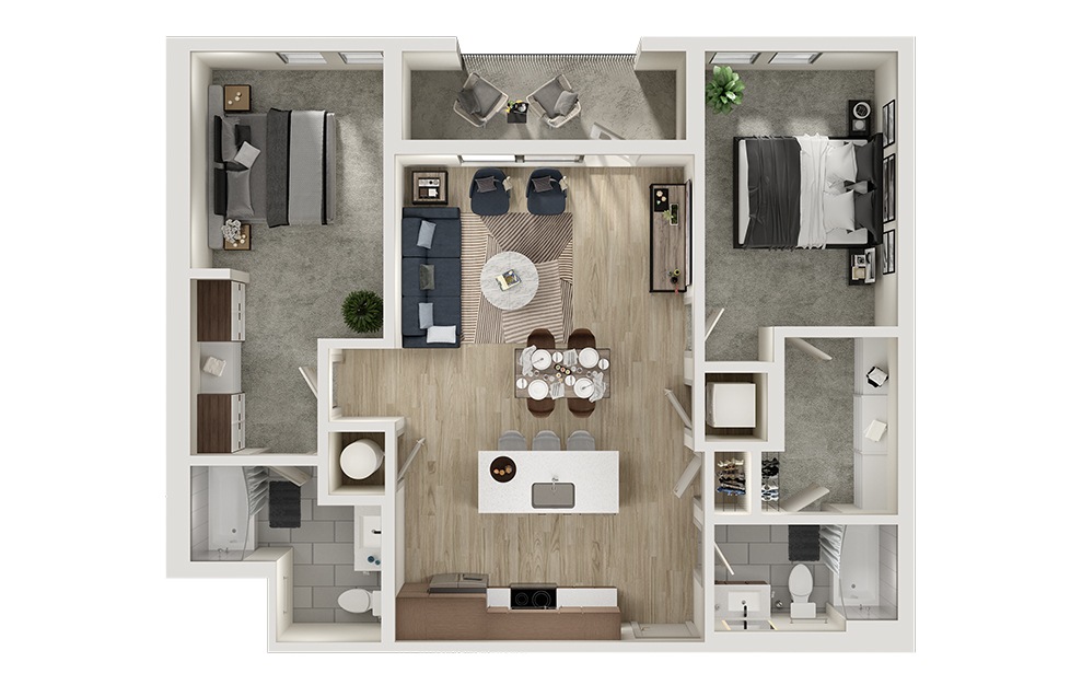 B5 - 2 bedroom floorplan layout with 2 baths and 1080 to 1083 square feet. (3D)