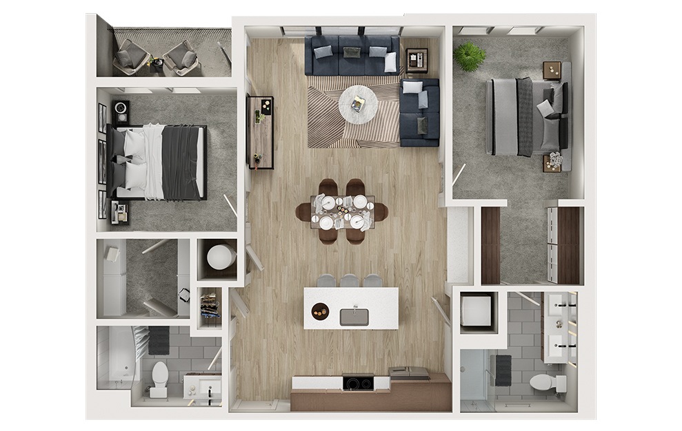 B6 - 2 bedroom floorplan layout with 2 baths and 1100 square feet. (3D)
