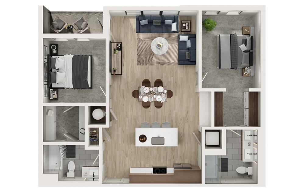 B6 - 2 bedroom floorplan layout with 2 bathrooms and 1110 square feet (3D)