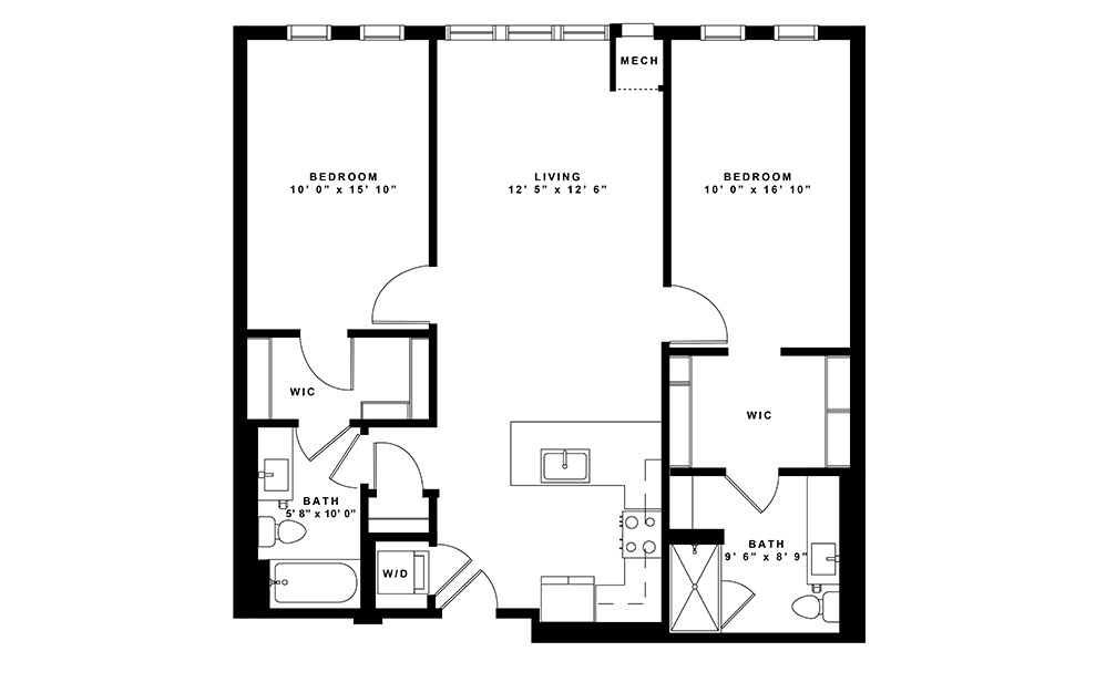 B7 - 2 bedroom floorplan layout with 2 baths and 1118 square feet. (2D)
