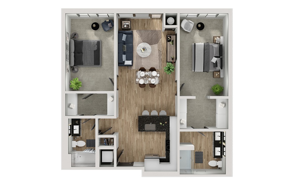 B7 - 2 bedroom floorplan layout with 2 bathrooms and 1118 square feet (3D)