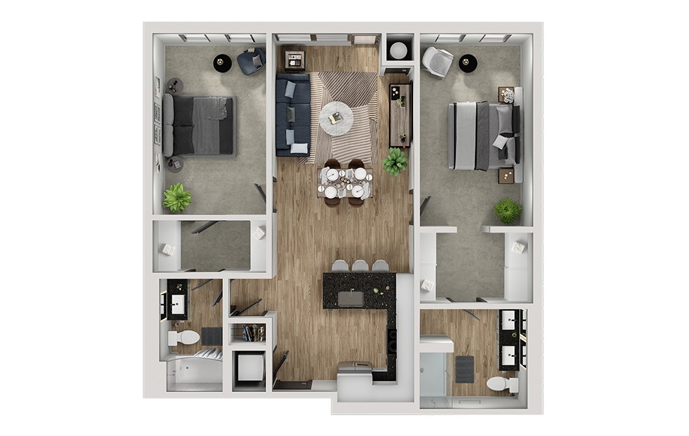 B7 - 2 bedroom floorplan layout with 2 baths and 1118 square feet. (3D)