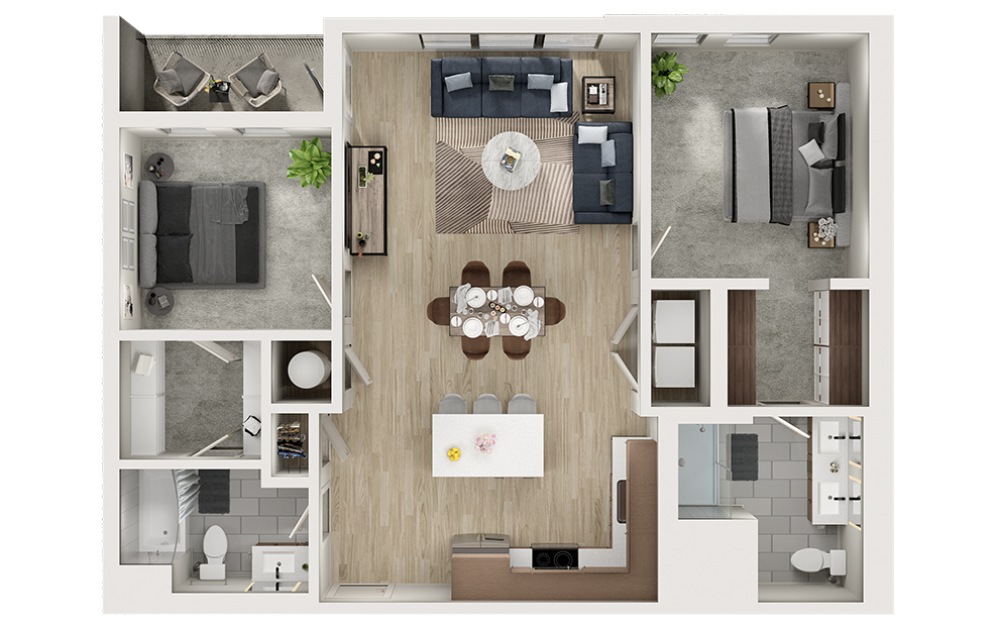 B8 - 2 bedroom floorplan layout with 2 bathrooms and 1125 square feet (3D)