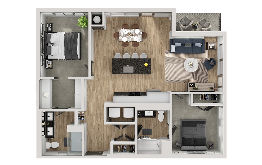 B9 - 2 bedroom floorplan layout with 2 baths and 1133 square feet. (3D)