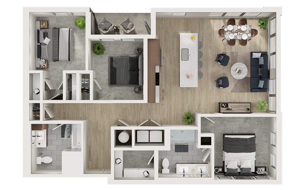 C1 - 3 bedroom floorplan layout with 2 bathrooms and 1334 square feet (3D)