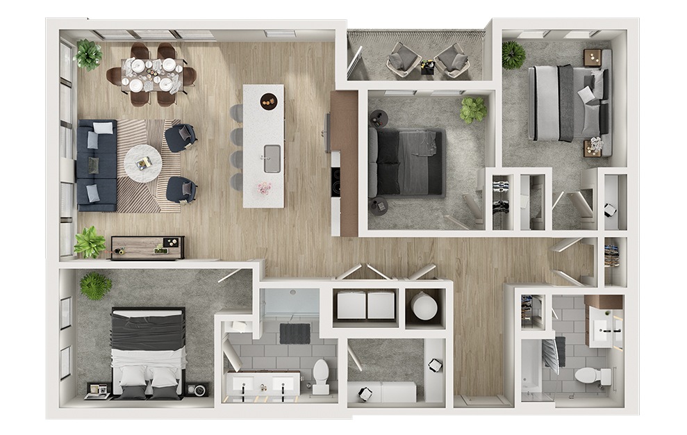 C1a - 3 bedroom floorplan layout with 2 baths and 1340 square feet. (3D)